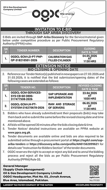 OGDCL Tender Notice for E-Bids & Date Extension 2026 – Tenders ad in Islamabad from Daily Dunya, published 16 Apr 2026