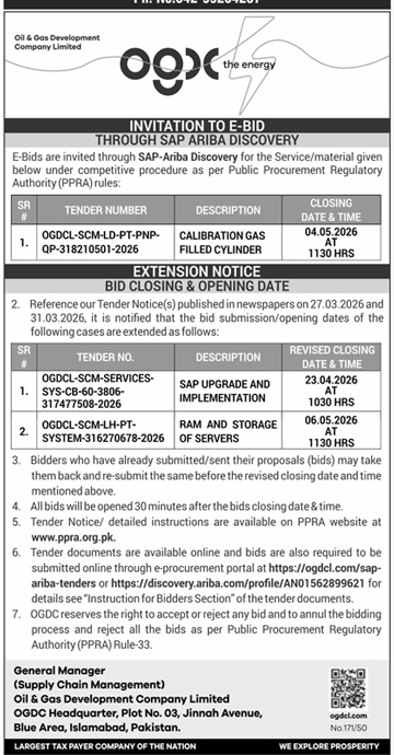 OGDCL Tender Notice for Services and Materials – Tenders ad in Islamabad from Daily Dunya, published 16 Apr 2026