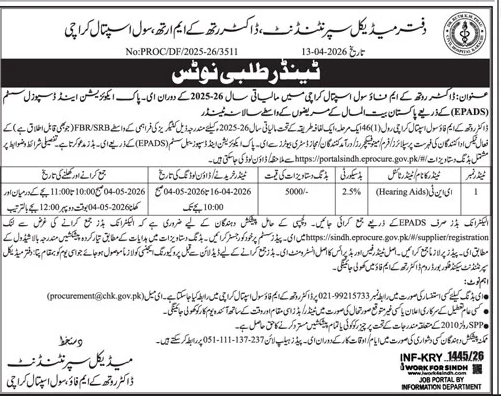 Civil Hospital Karachi Tender for Hearing Aids 2026 – Tenders ad in Karachi from Daily Jang, published 16 Apr 2026