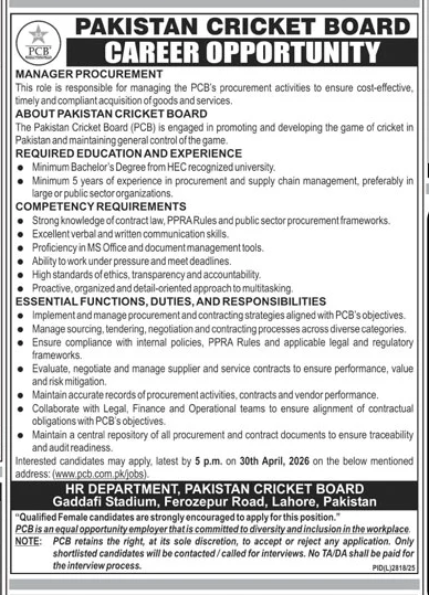 Manager Procurement Jobs at Pakistan Cricket Board (PCB) – Jobs ad in Lahore from Daily Jang, published 16 Apr 2026