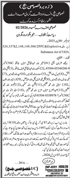 Court Summons by Anti-Terrorism Court Kandhkot – Notices ad in Kandhkot from Daily Jang, published 16 Apr 2026