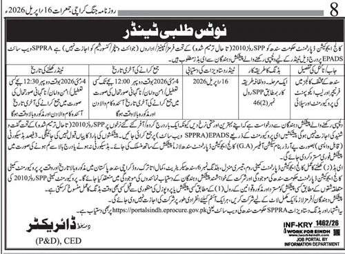 College Education Dept Sindh Tender for Furniture & Equipment – Tenders ad in Karachi from Daily Jang, published 16 Apr 2026