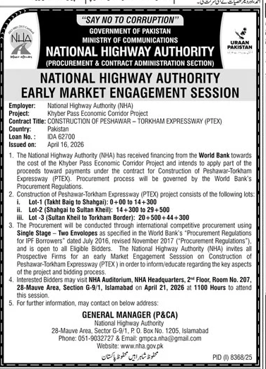 NHA Early Market Engagement for Peshawar-Torkham Expressway – Tenders ad in Islamabad from Daily Jang, published 16 Apr 2026