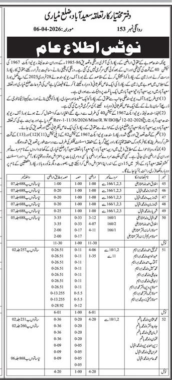 Land Record Resurvey Notice in Saeedabad, Matiari – Notices ad in Matiari from Daily Jang, published 16 Apr 2026