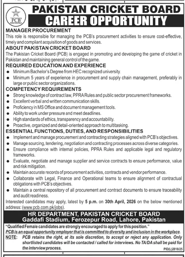 Manager Procurement Jobs at Pakistan Cricket Board Lahore – Jobs ad in Lahore from Daily Jang, published 16 Apr 2026