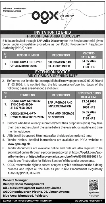 OGDCL Tender Notice for Services and Materials 2026 – Tenders ad in Islamabad from Daily Jang, published 16 Apr 2026