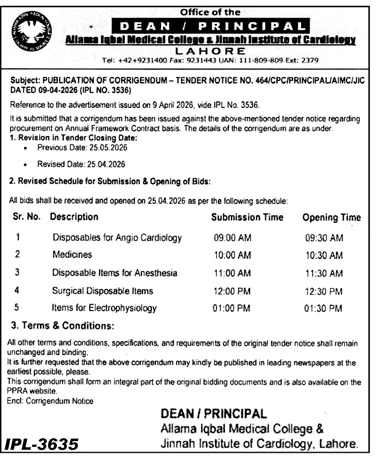 Tender Corrigendum for Medical Supplies in Lahore – Tenders ad in Lahore from Daily Jang, published 16 Apr 2026