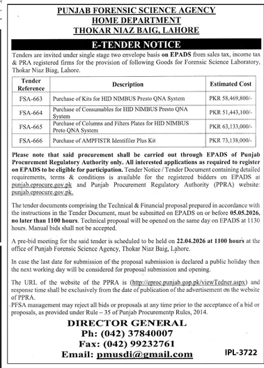 Punjab Forensic Science Agency Tender for Lab Goods – Tenders ad in Lahore from Daily Jang, published 16 Apr 2026