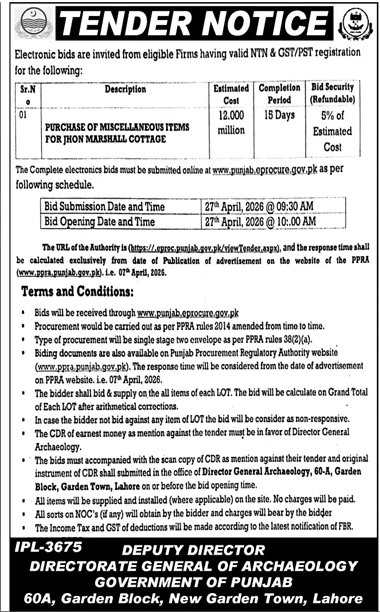 Punjab Archaeology Tender for Miscellaneous Items Purchase – Tenders ad in Lahore from Daily Jang, published 16 Apr 2026