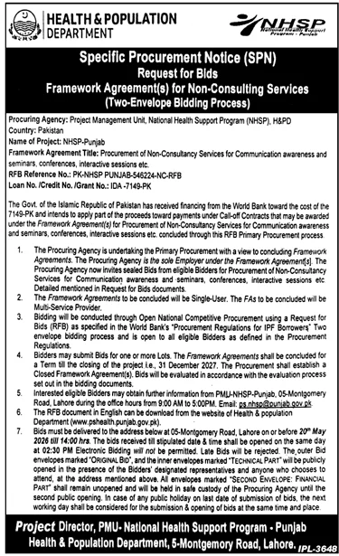 Health Dept Tender for Non-Consultancy Services in Lahore – Tenders ad in Lahore from Daily Jang, published 16 Apr 2026
