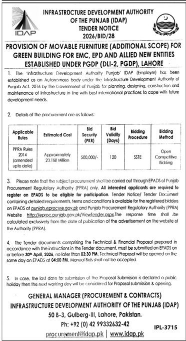 IDAP Tender for Movable Furniture Provision in Lahore – Tenders ad in Lahore from Daily Jang, published 16 Apr 2026