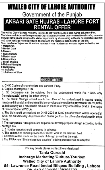 Walled City of Lahore Authority Rental Offer for Akbari Gate Hujras – Tenders ad in Lahore from Daily Jang, published 16 Apr 2026