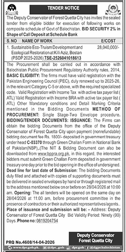 Forest Dept Quetta Tender for Eco-Tourism Development – Tenders ad in Quetta from Daily Jang, published 16 Apr 2026