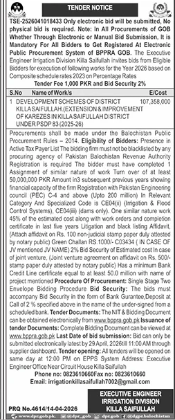 Irrigation Division Killa Saifullah Tender Notice 2026 – Tenders ad in Killa Saifullah from Daily Jang, published 16 Apr 2026