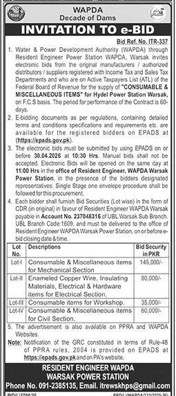WAPDA Warsak e-Bid for Consumable & Miscellaneous Items – Tenders ad in Warsak from Daily Jang, published 16 Apr 2026