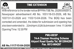 Tender Time Extension Notice PMU-BESP Quetta – Notices ad in Quetta from Daily Jang, published 16 Apr 2026