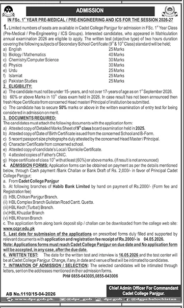 Cadet College Panjgur FSc 1st Year Admissions 2026 – Admissions ad in Panjgur from Daily Jang, published 16 Apr 2026