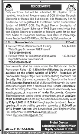 PHE Dept Tender for Water Supply Solarization in Balochistan – Tenders ad in Quetta from Daily Jang, published 16 Apr 2026