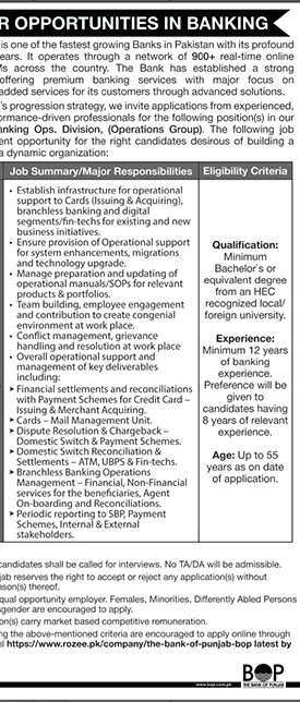 Bank of Punjab Banking Operations Jobs – Jobs ad in Quetta from Daily Jang, published 16 Apr 2026