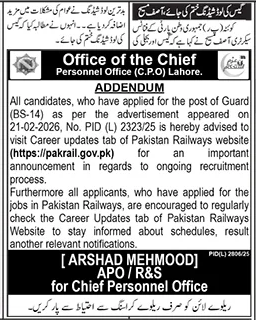 Pakistan Railways Guard Recruitment Update Notice – Notices ad in Lahore from Daily Jang, published 16 Apr 2026