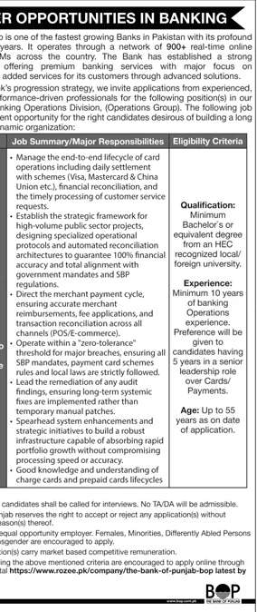 The Bank of Punjab Banking Operations Jobs – Jobs ad in Rawalpindi/Islamabad from Daily Jang, published 16 Apr 2026