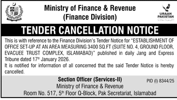 Tender Cancellation Notice by Ministry of Finance – Notices ad in Islamabad from Daily Jang, published 16 Apr 2026