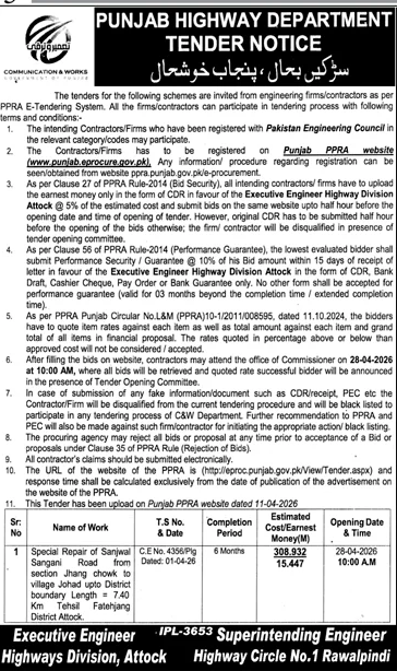 Punjab Highway Dept Tender for Road Repair in Attock – Tenders ad in Attock from Daily Jang, published 16 Apr 2026