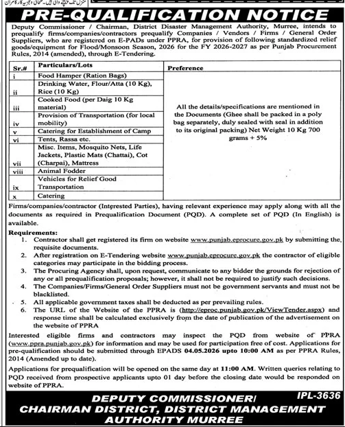 Prequalification for Relief Goods in Murree 2026 | DDMA Tender – Tenders ad in Murree from Daily Jang, published 16 Apr 2026