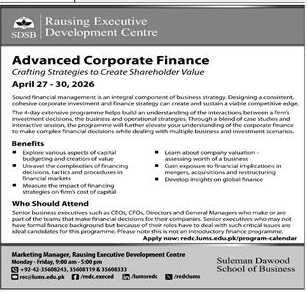 Advanced Corporate Finance Program at Rausing Executive Centre – Admissions ad in Lahore from Dawn, published 16 Apr 2026