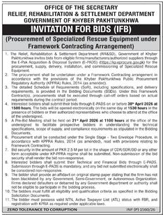 KPK Relief Dept Tender for Rescue Equipment – Tenders ad in Karachi from Dawn, published 16 Apr 2026