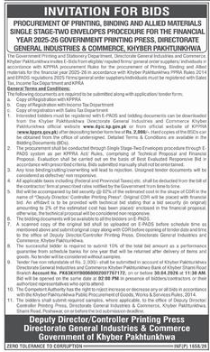 Printing & Binding Bids in Khyber Pakhtunkhwa – Tenders ad in Peshawar from Dawn, published 16 Apr 2026