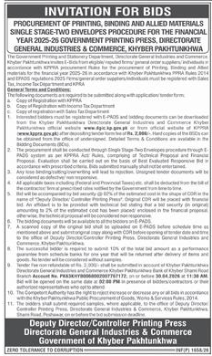 Printing & Binding Materials Tender in Khyber Pakhtunkhwa – Tenders ad in Peshawar from Dawn, published 16 Apr 2026