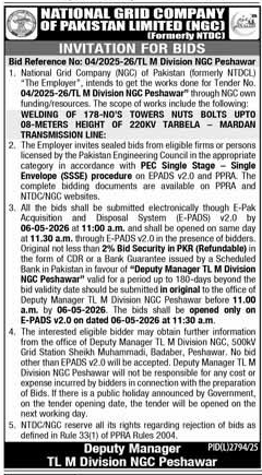 NGC Tender for Transmission Tower Welding in Peshawar – Tenders ad in Peshawar from Express, published 16 Apr 2026