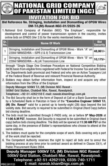 NGC Tender for OPGW Wires Installation & Dismantling – Tenders ad in Rawalpindi from Express, published 16 Apr 2026