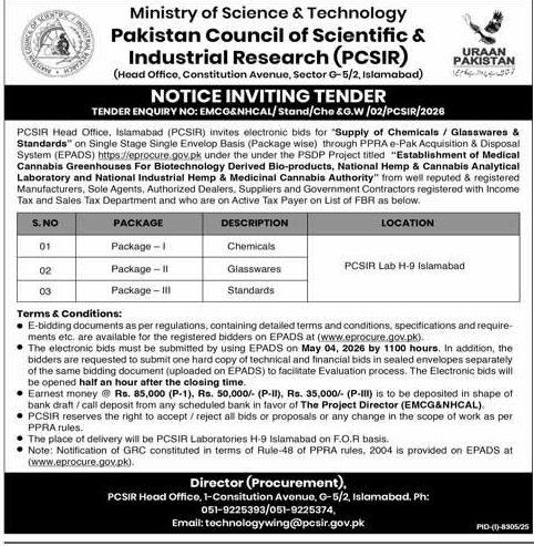 PCSIR Tender for Chemicals, Glasswares & Standards – Tenders ad in Islamabad from Express, published 16 Apr 2026