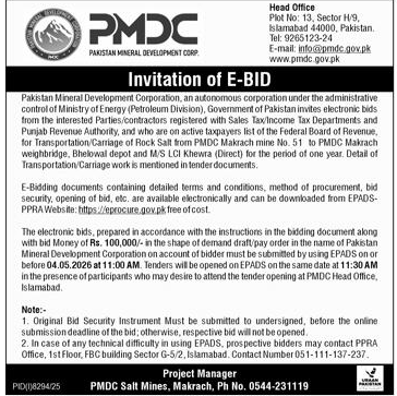 PMDC E-Bid for Rock Salt Transportation Contract – Tenders ad in Islamabad from Express, published 16 Apr 2026