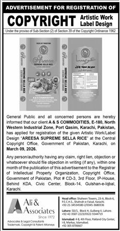 Copyright Registration Notice for Areesa Supreme Sella Rice – Notices ad in Karachi from Express, published 16 Apr 2026