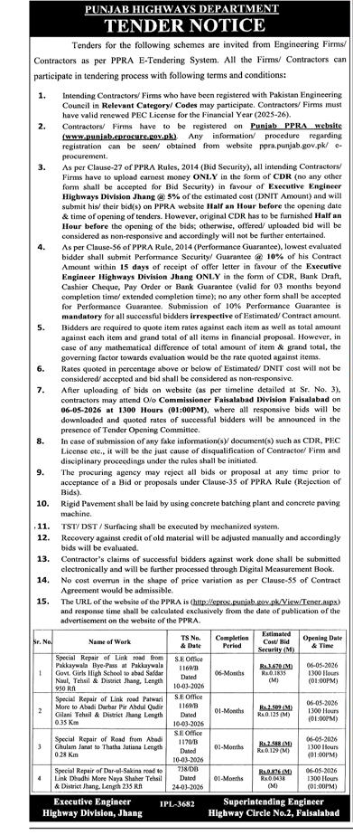 Punjab Highways Dept Tender for Road Repair in Jhang – Tenders ad in Faisalabad from Express, published 16 Apr 2026