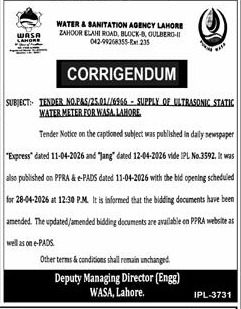 WASA Lahore Tender Corrigendum for Water Meter Supply – Notices ad in Lahore from Express, published 16 Apr 2026