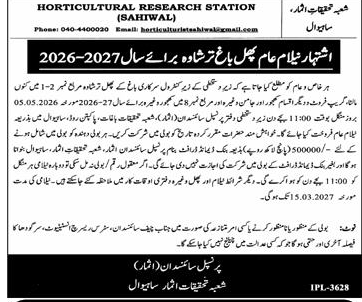 Horticultural Research Station Sahiwal Fruit Orchard Auction 2026 – Tenders ad in Sahiwal from Express, published 16 Apr 2026