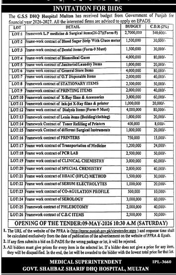 DHQ Hospital Multan Tender for Medical & General Supplies 2026 – Tenders ad in Multan from Express, published 16 Apr 2026