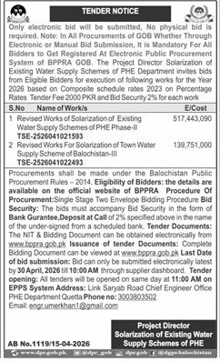 Tender for Water Supply Solarization in Balochistan – Tenders ad in Quetta from Express, published 16 Apr 2026