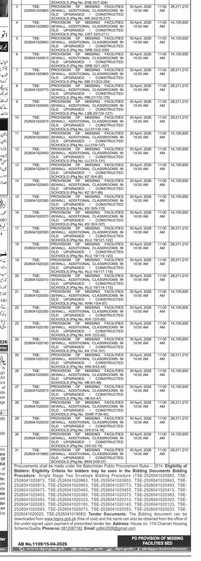 Tender for School Facilities Provision in Balochistan – Tenders ad in Quetta from Express, published 16 Apr 2026