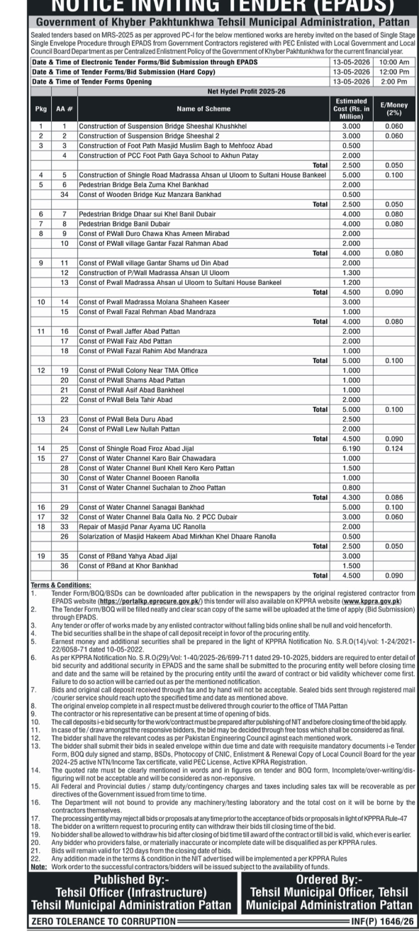 Tender for Construction and Repair Works - TMA Pattan – Tenders ad in Pattan from Nawa-i-Waqt, published 16 Apr 2026