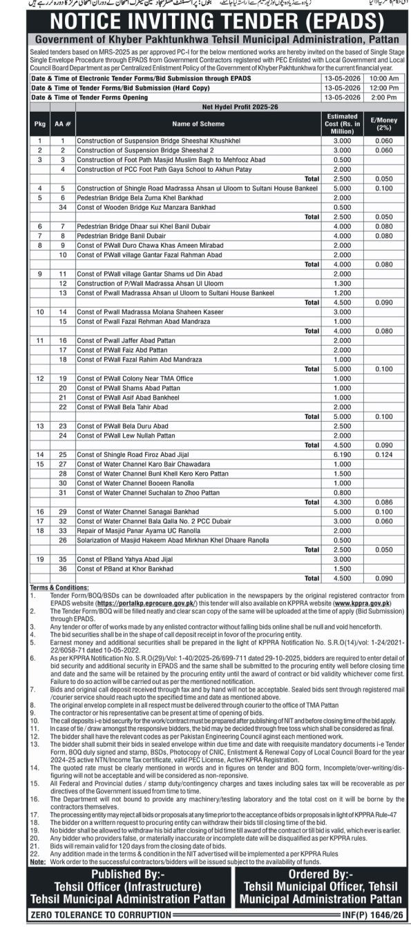 Tender Notice for Works - TMA Pattan, Khyber Pakhtunkhwa – Tenders ad in Pattan from Nawa-i-Waqt, published 16 Apr 2026