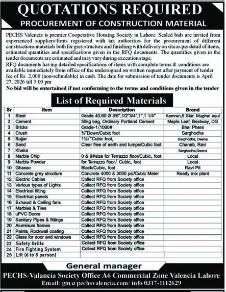 Construction Material Procurement Tender - PECHS Valencia – Tenders ad in Lahore from Nawa-i-Waqt, published 16 Apr 2026