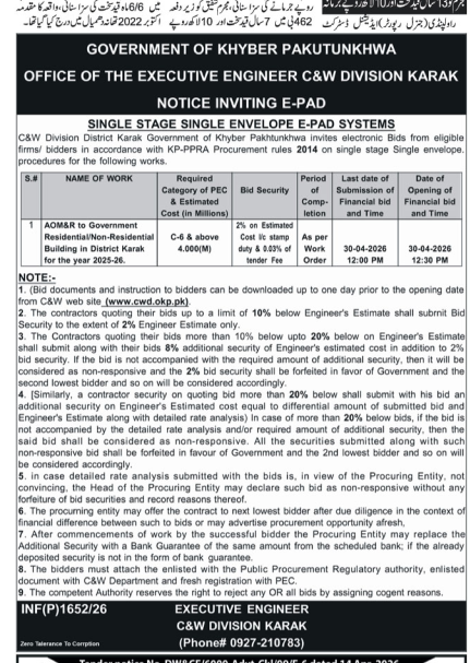 E-PAD Systems Tender - C&W Division Karak – Tenders ad in Karak from Nawa-i-Waqt, published 16 Apr 2026