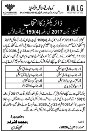 Kohinoor Textile Mills Ltd. Directors Election Notice – Notices ad in Lahore from Nawa-i-Waqt, published 16 Apr 2026