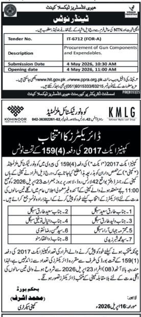 Kohinoor Textile Mills Directors Election Notice – Notices ad in Lahore from Nawa-i-Waqt, published 16 Apr 2026