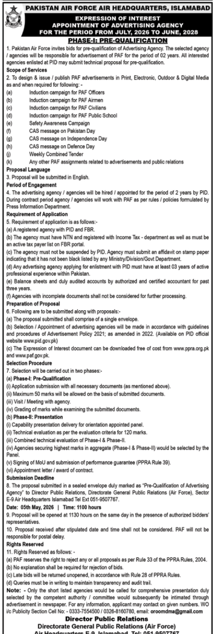 Pre-qualification of Advertising Agency - Pakistan Air Force – Tenders ad in Islamabad from Nawa-i-Waqt, published 16 Apr 2026